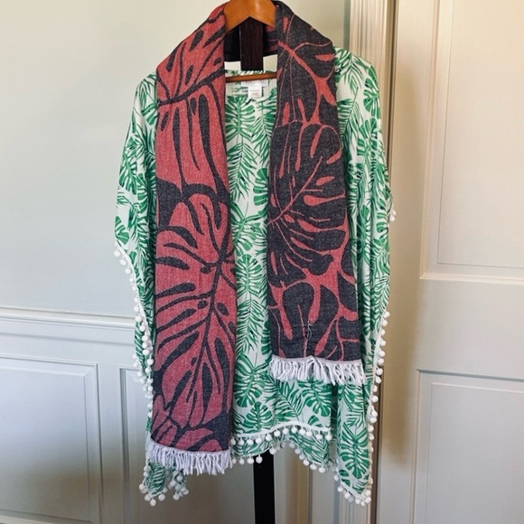 MONSTERA Christmas Red + Bright Green Leaf Set of 3 Coverup + Wrap Scarf + Belt - Picture 5 of 14